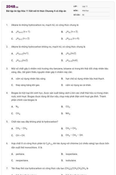 Bài tập ôn tập Hóa 11 Kết nối tri thức Chương 4 có đáp án