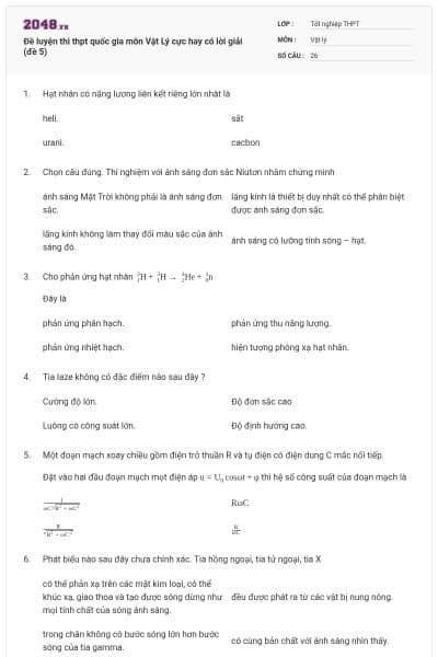 Đề luyện thi thpt quốc gia môn Vật Lý cực hay có lời giải (đề 5)