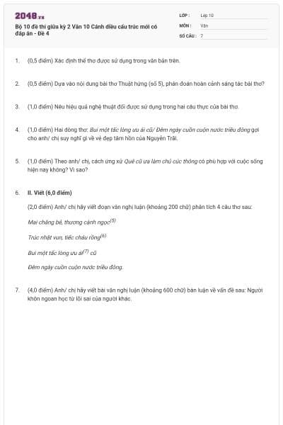Bộ 10 đề thi giữa kỳ 2 Văn 10 Cánh diều cấu trúc mới có đáp án - Đề 4