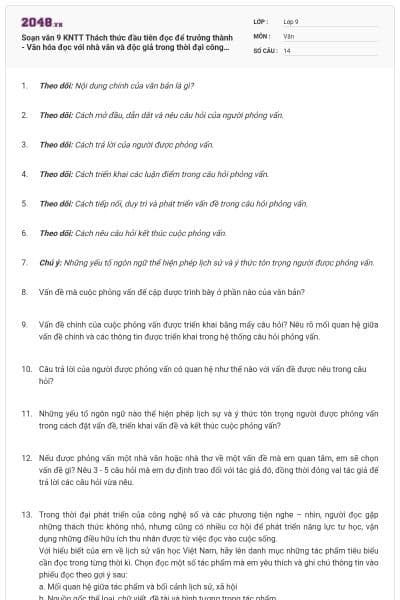 Soạn văn 9 KNTT Thách thức đầu tiên đọc để trưởng thành - Văn hóa đọc với nhà văn và độc giả trong thời đại công nghệ số có đáp án