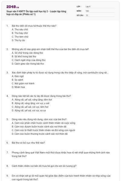 Soạn văn 9 KNTT Ôn tập cuối học kỳ 2 - Luyện tập tổng hợp có đáp án (Phiếu số 1)