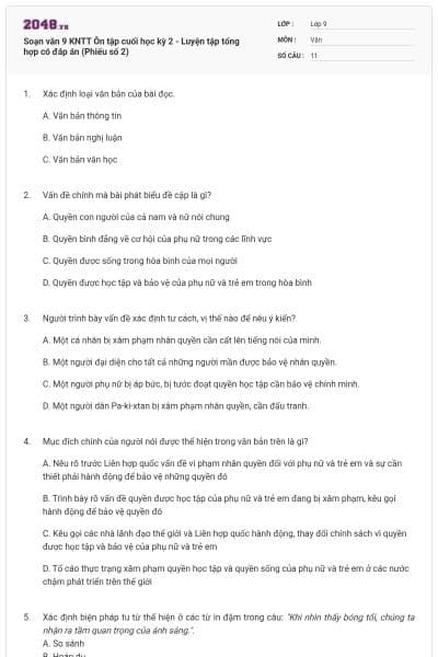 Soạn văn 9 KNTT Ôn tập cuối học kỳ 2 - Luyện tập tổng hợp có đáp án (Phiếu số 2)