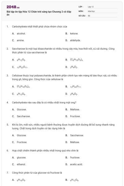 Bài tập ôn tập Hóa 12 Chân trời sáng tạo Chương 2 có đáp án