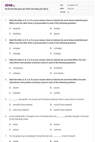 Đề thi thử thpt quốc gia 2020 môn tiếng anh (đề 6)