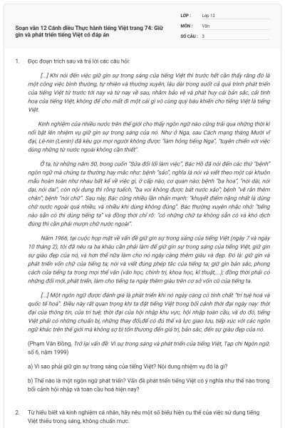 Soạn văn 12 Cánh diều Thực hành tiếng Việt trang 74: Giữ gìn và phát triển tiếng Việt có đáp án