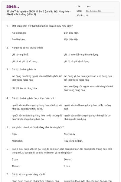 37 câu Trắc nghiệm GDCD 11 Bài 2 (có đáp án): Hàng hóa - tiền tệ - thị trường (phần 1)