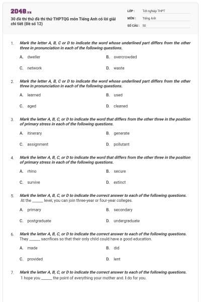 30 đề thi thử đề thi thử THPTQG môn Tiếng Anh có lời giải chi tiết (Đề số 12)