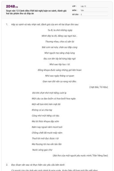 Soạn văn 12 Cánh diều Viết bài nghị luận so sánh, đánh giá hai tác phẩm thơ có đáp án