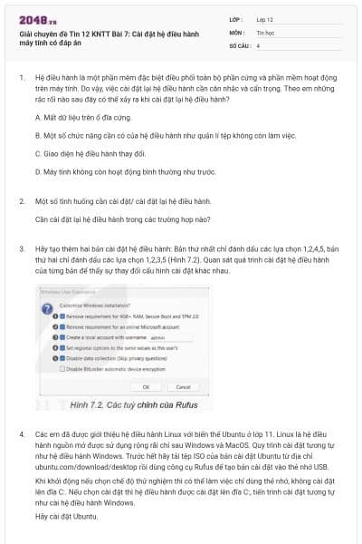 Giải chuyên đề Tin 12 KNTT Bài 7: Cài đặt hệ điều hành máy tính có đáp án