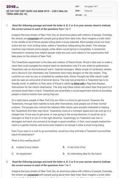 ĐỀ THI THỬ THPT QUỐC GIA NĂM 2019 – LẦN 2 Môn thi: TIẾNG ANH (Đề 16)