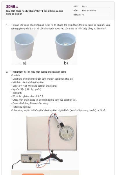 Giải SGK Khoa học tự nhiên 9 KNTT Bài 5: Khúc xạ ánh sáng có đáp án