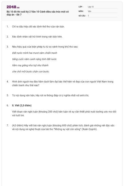 Bộ 10 đề thi cuối kỳ 2 Văn 10 Cánh diều cấu trúc mới có đáp án - Đề 7