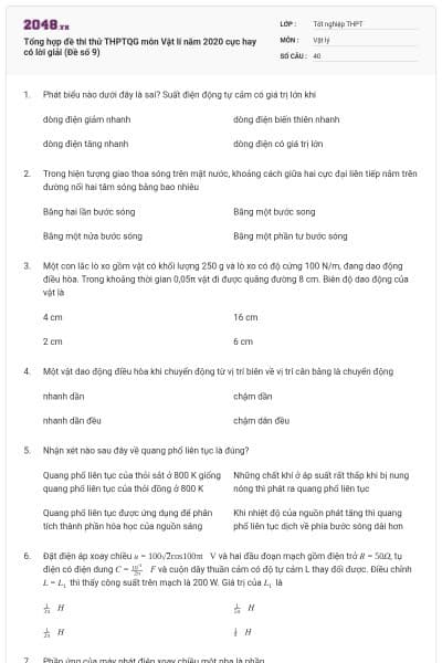 Tổng hợp đề thi thử THPTQG môn Vật lí năm 2020 cực hay có lời giải (Đề số 9)