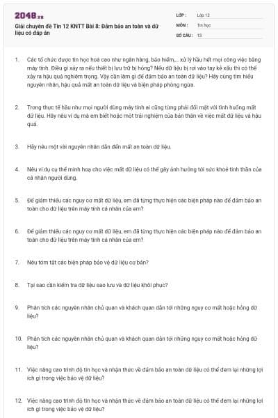 Giải chuyên đề Tin 12 KNTT Bài 8: Đảm bảo an toàn và dữ liệu có đáp án