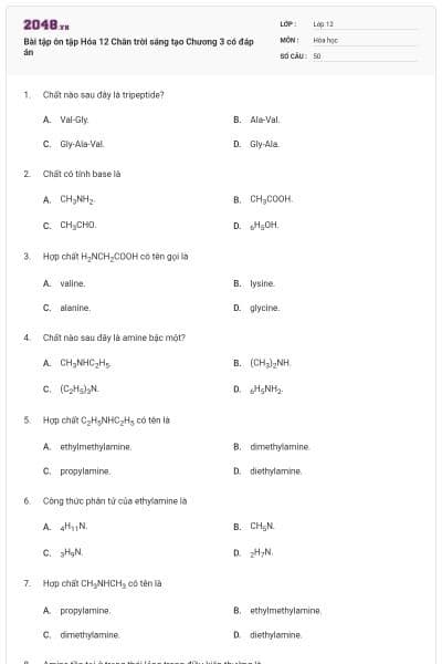 Bài tập ôn tập Hóa 12 Chân trời sáng tạo Chương 3 có đáp án