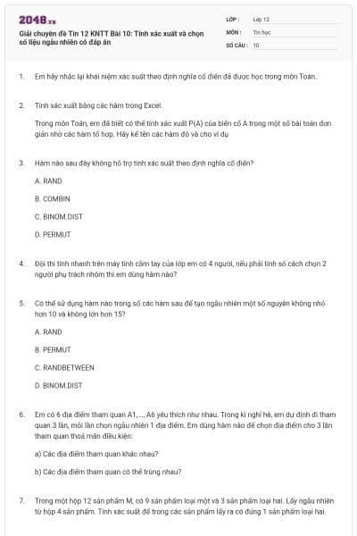 Giải chuyên đề Tin 12 KNTT Bài 10: Tính xác xuất và chọn số liệu ngẫu nhiên có đáp án