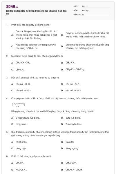 Bài tập ôn tập Hóa 12 Chân trời sáng tạo Chương 4 có đáp án