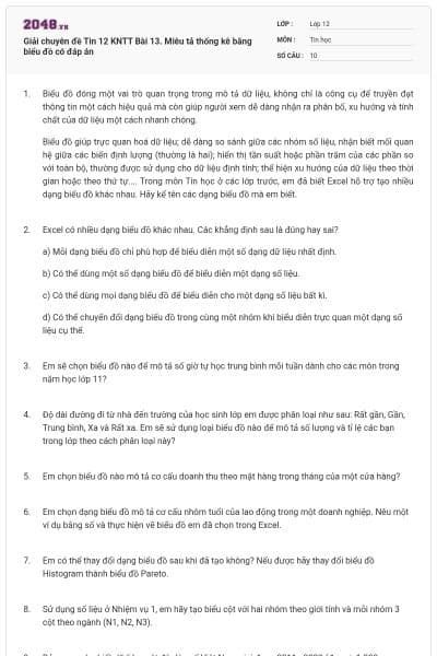 Giải chuyên đề Tin 12 KNTT Bài 13. Miêu tả thống kê bằng biểu đồ có đáp án