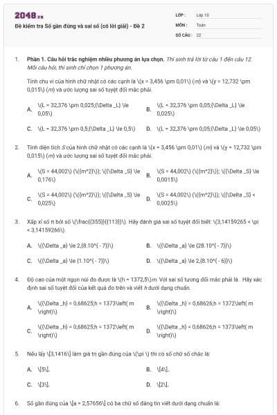 Đề kiểm tra Số gần đúng và sai số (có lời giải) - Đề 2