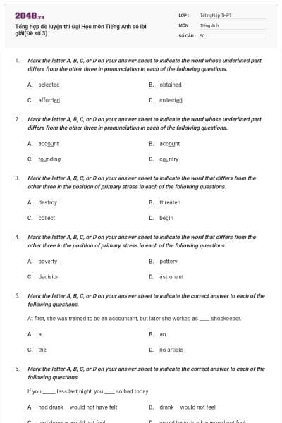 Tổng hợp đề luyện thi Đại Học môn Tiếng Anh có lời giải(Đề số 3)