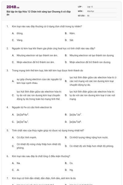 Bài tập ôn tập Hóa 12 Chân trời sáng tạo Chương 6 có đáp án