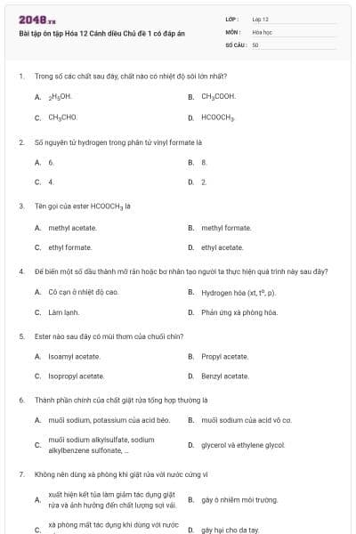 Bài tập ôn tập Hóa 12 Cánh diều Chủ đề 1 có đáp án