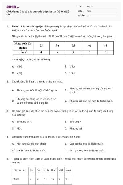 Đề kiểm tra Các số đặc trưng đo độ phân tán (có lời giải) - Đề 1