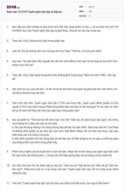 Soạn văn 12 CTST Tuyên ngôn độc lập có đáp án