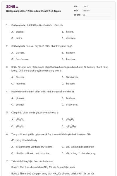 Bài tập ôn tập Hóa 12 Cánh diều Chủ đề 2 có đáp án