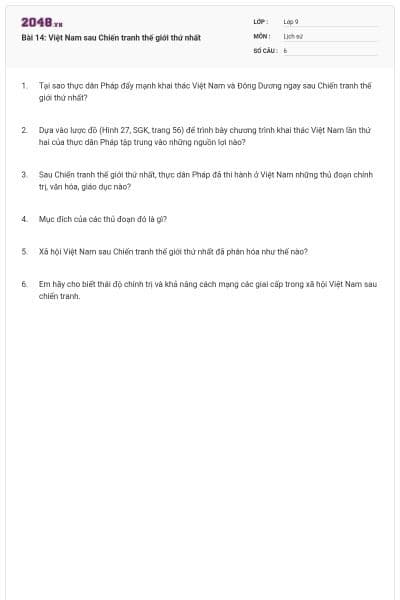 Bài 14: Việt Nam sau Chiến tranh thế giới thứ nhất