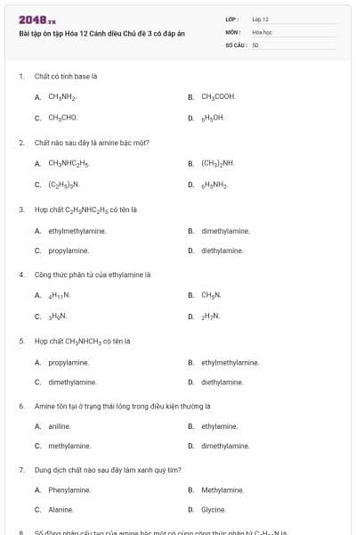 Bài tập ôn tập Hóa 12 Cánh diều Chủ đề 3 có đáp án