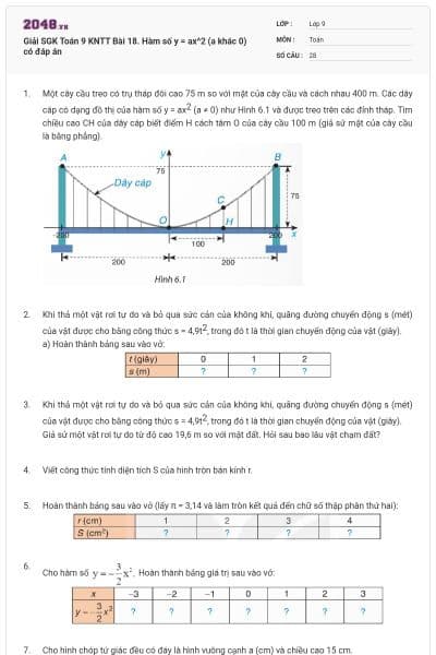 Giải SGK Toán 9 KNTT Bài 18. Hàm số y = ax^2 (a khác 0) có đáp án