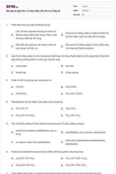 Bài tập ôn tập Hóa 12 Cánh diều Chủ đề 4 có đáp án
