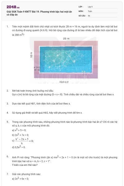 Giải SGK Toán 9 KNTT Bài 19. Phương trình bậc hai một ẩn có đáp án