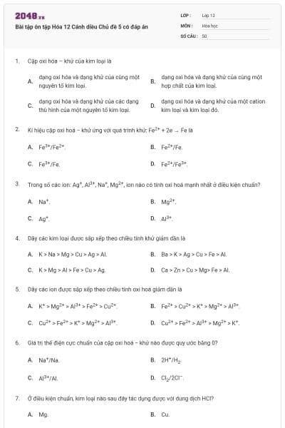 Bài tập ôn tập Hóa 12 Cánh diều Chủ đề 5 có đáp án