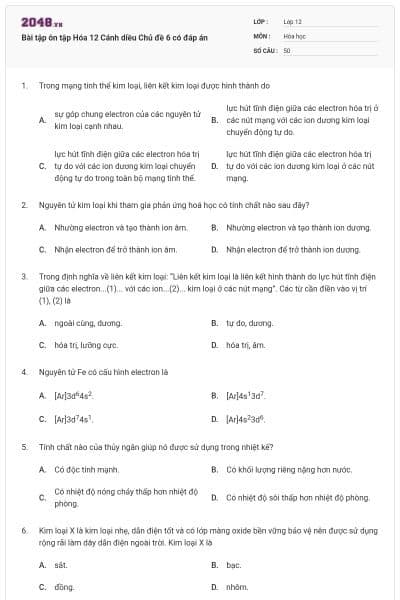 Bài tập ôn tập Hóa 12 Cánh diều Chủ đề 6 có đáp án