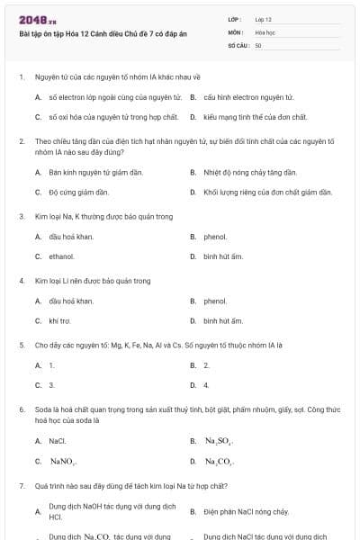 Bài tập ôn tập Hóa 12 Cánh diều Chủ đề 7 có đáp án