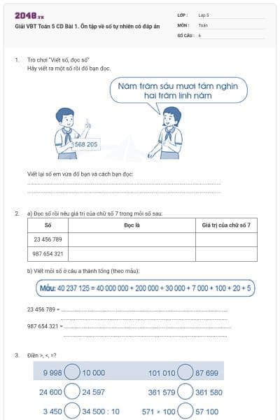 Giải VBT Toán 5 CD Bài 1. Ôn tập về số tự nhiên có đáp án