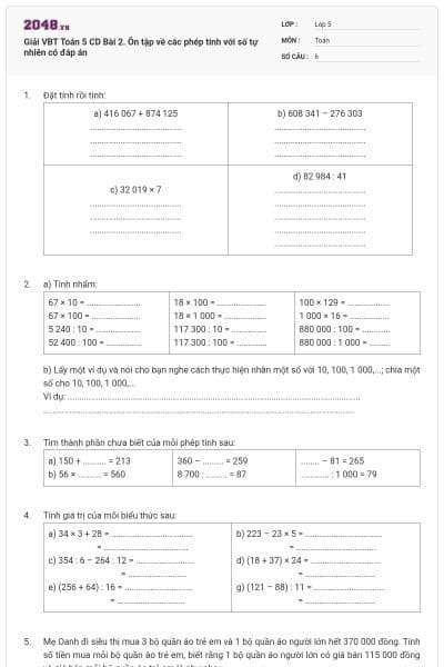 Giải VBT Toán 5 CD Bài 2. Ôn tập về các phép tính với số tự nhiên có đáp án