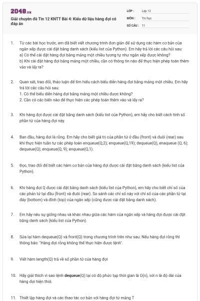 Giải chuyên đề Tin 12 KNTT Bài 4: Kiểu dữ liệu hàng đợi có đáp án