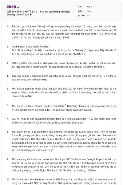 Giải SGK Toán 9 KNTT Bài 21. Giải bài toán bằng cách lập phương trình có đáp án