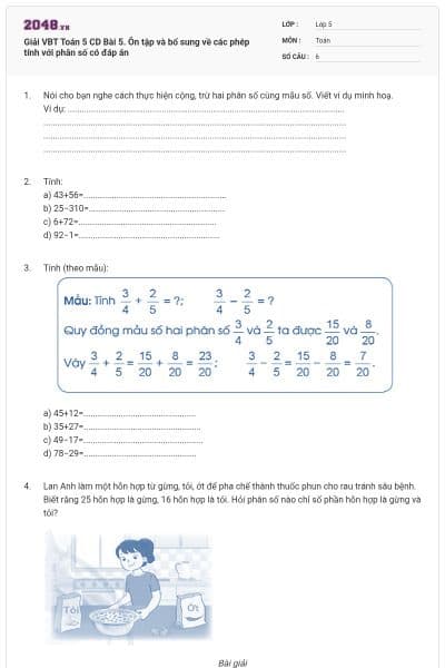 Giải VBT Toán 5 CD Bài 5. Ôn tập và bổ sung về các phép tính với phân số có đáp án