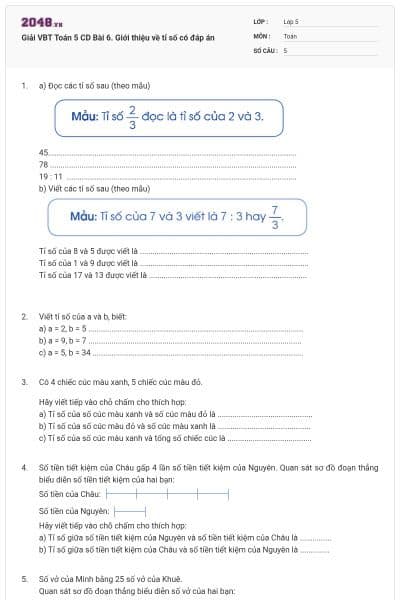 Giải VBT Toán 5 CD Bài 6. Giới thiệu về tỉ số có đáp án