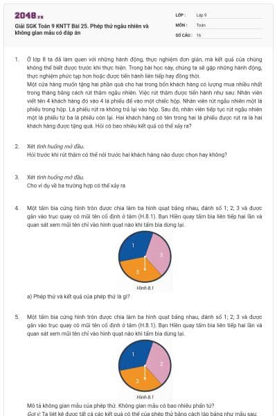 Giải SGK Toán 9 KNTT Bài 25. Phép thử ngẫu nhiên và không gian mẫu có đáp án