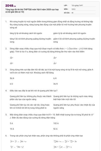 Tổng hợp đề thi thử THPTQG môn Vật lí năm 2020 cực hay có lời giải (Đề số 10)