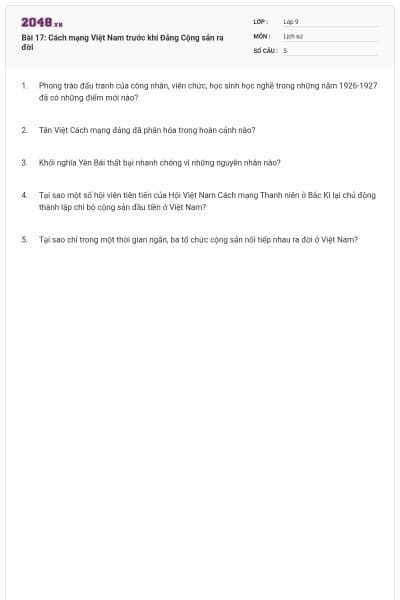 Bài 17: Cách mạng Việt Nam trước khi Đảng Cộng sản ra đời