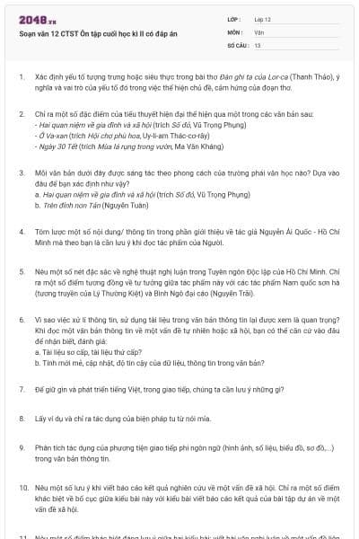 Soạn văn 12 CTST Ôn tập cuối học kì II có đáp án