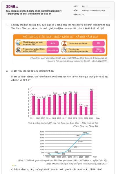 Giải sách giáo khoa Kinh tế pháp luật Cánh diều Bài 1: Tăng trưởng và phát triển kinh tế có đáp án