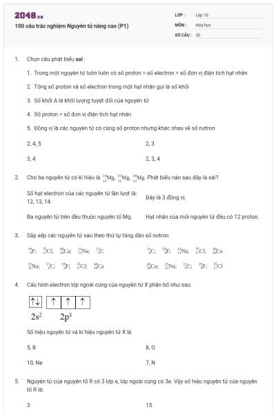 100 câu trắc nghiệm Nguyên tử nâng cao (P1)