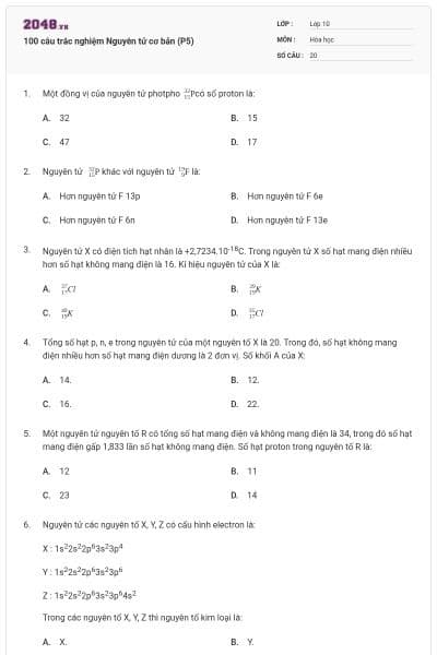 100 câu trắc nghiệm Nguyên tử cơ bản (P5)